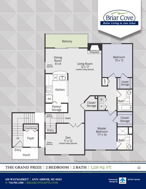 A floor plan for a two bedroom, two bath house with a living room and a balcony.